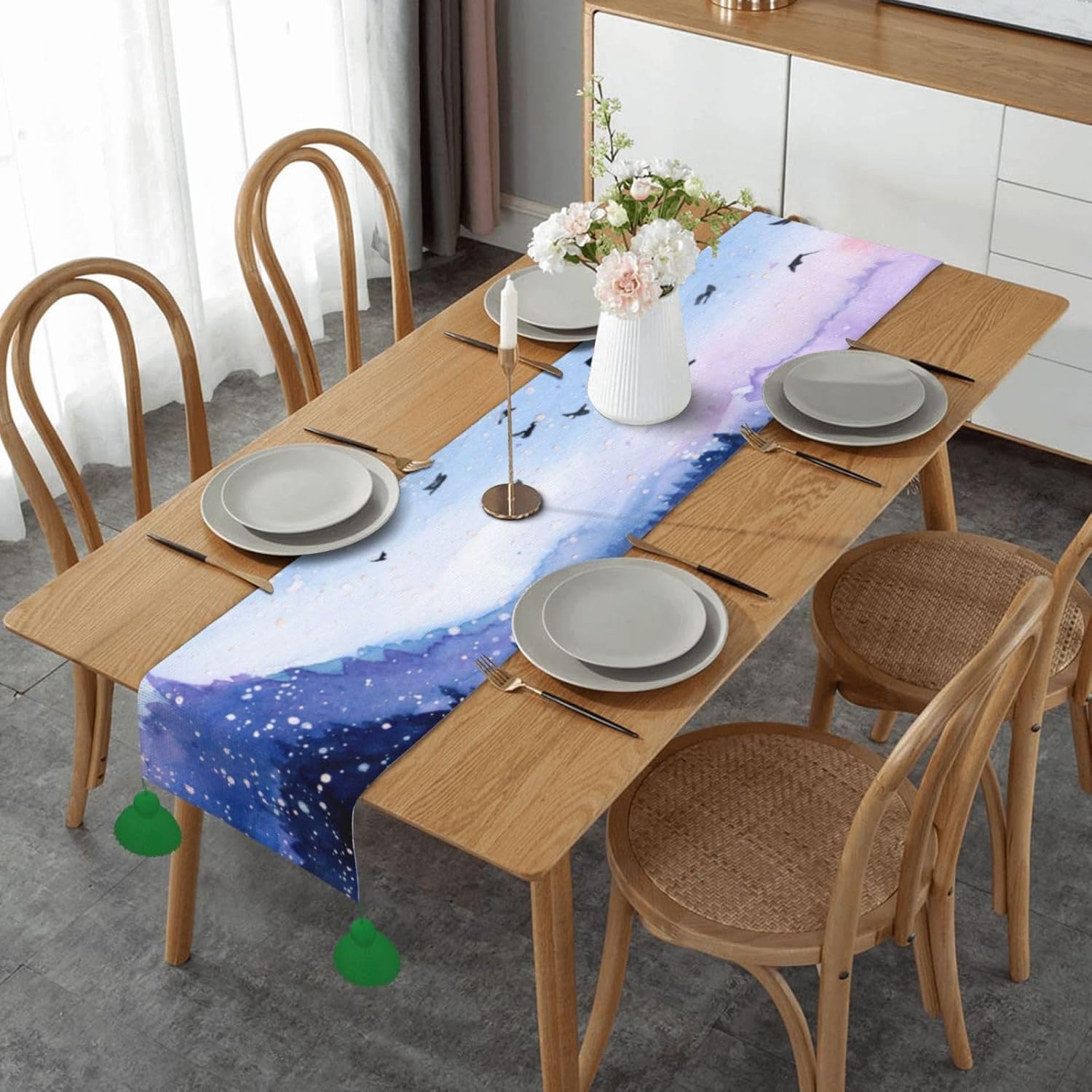 Camino de mesa de Navidad con paisaje de acuarela, decoración de mesa de comedor, decoración de Navidad, decoración de interiores del hogar, caminos