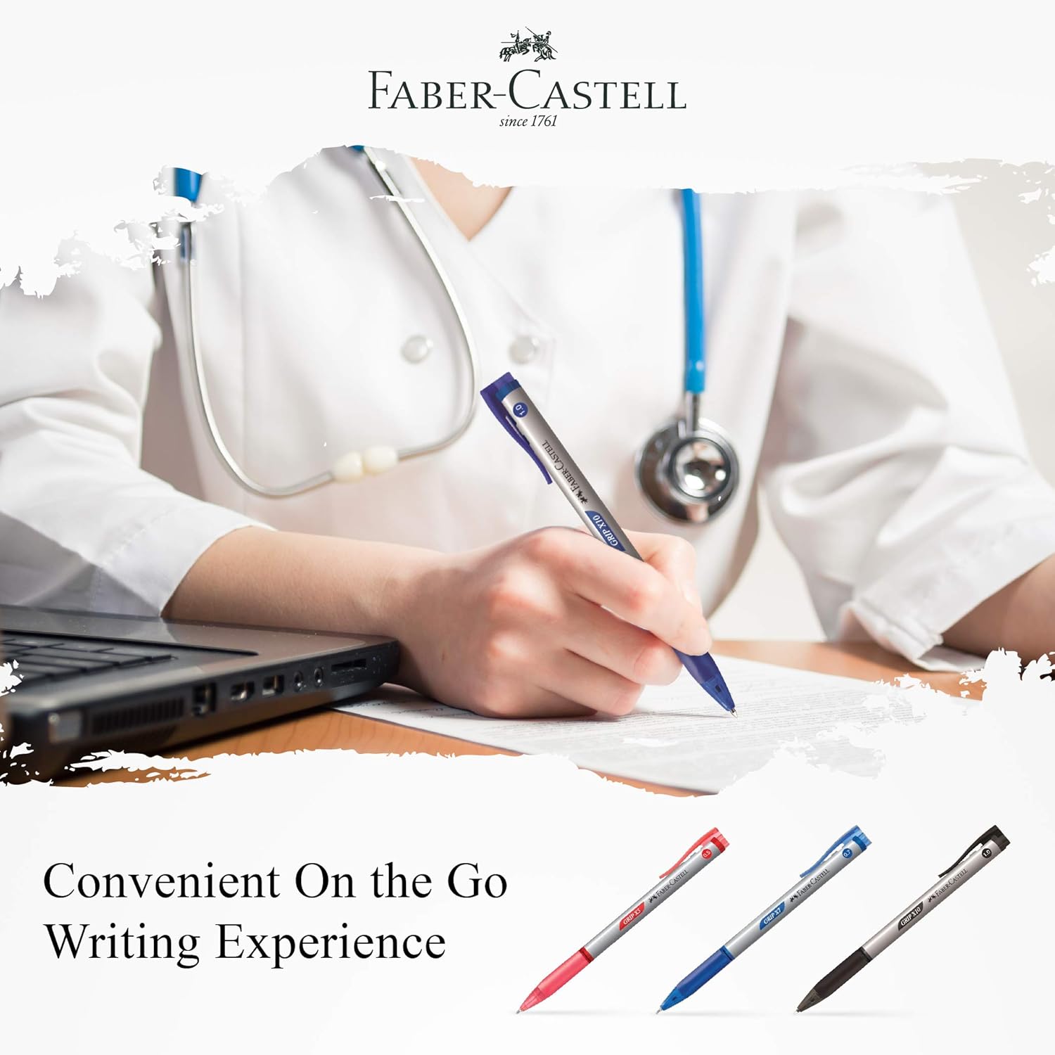Faber-Castell Grip X – Bolígrafo ergonómico, paquete de 3 (0.020 in, negro, azul) barril triangular, escritura sin fatiga, súper suave