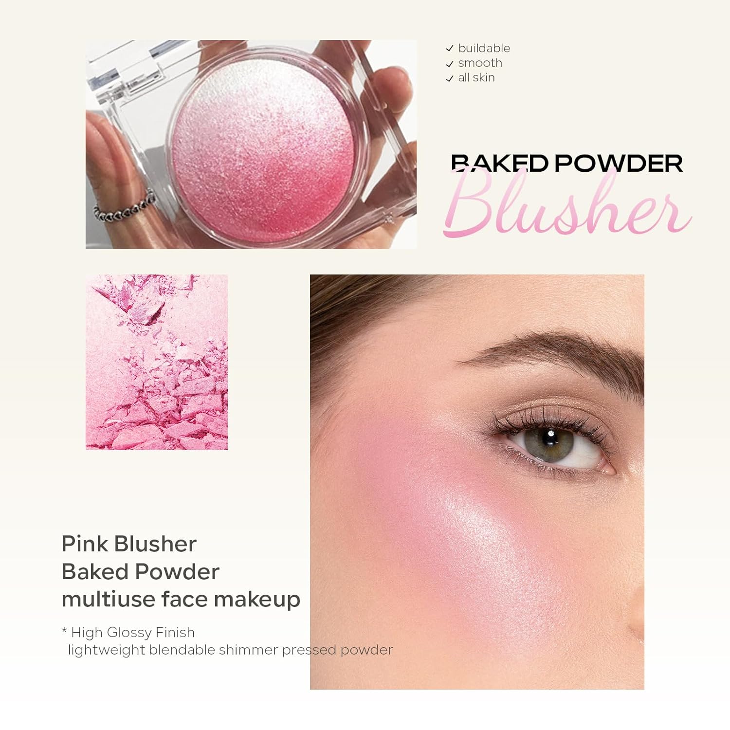 KYDA Rubor horneado rosa, polvo de brillo rosa para rubor e iluminador, acabado de alto brillo, rubor ligero mezclable, polvo horneado multiuso,