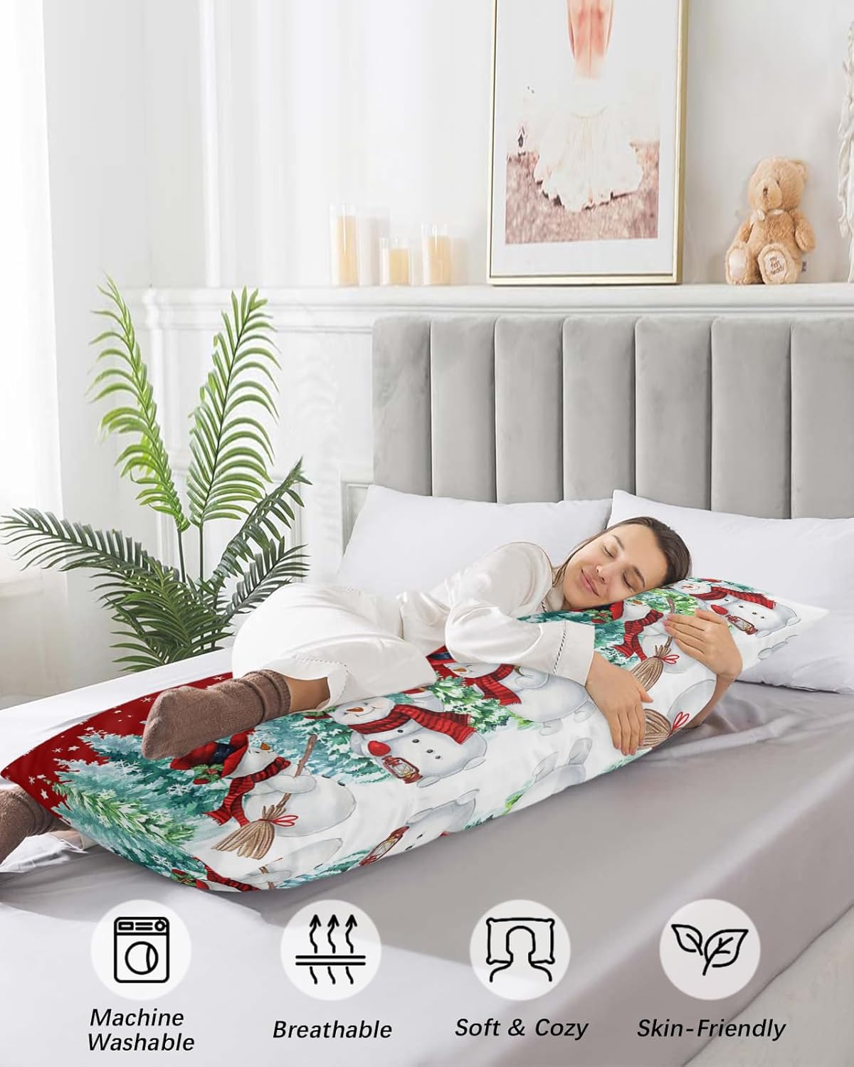 Funda de almohada con cuerpo de muñeco de nieve rojo, fundas de almohada suaves decorativas de lujo para sofá largo lumbar con cierre de sobre,