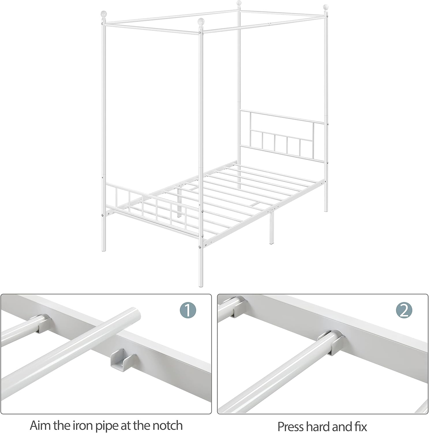 Yaheetech Base de colchón de metal con dosel de cuatro pósteres con cabecera y estribo, soporte de colchón de listones de metal fuerte, no necesita