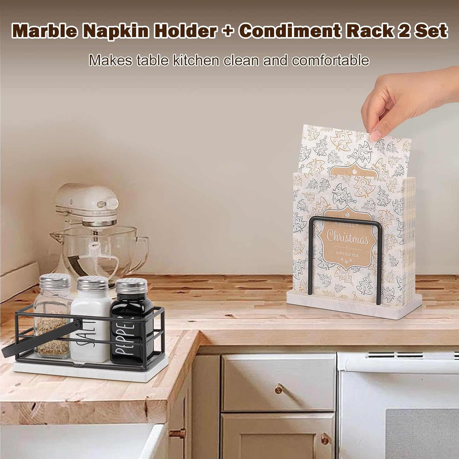 Servilletero de metal, moderno dispensador de papel de seda independiente con almacenamiento de condimentos para mesa de cocina (base de mármol,