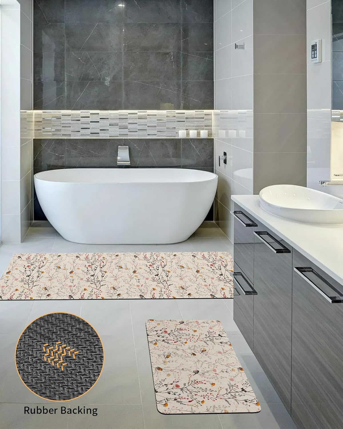 Juego de 2 alfombras y tapetes de baño, alfombra de pasillo de baño, vintage, floral, beige, absorbentes, para piso, bañera, fregadero, cocina,