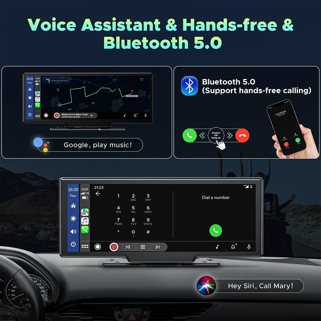LAMTTO Carplay inalámbrico y Android Auto con cámara frontal de tablero 2K, pantalla táctil portátil de 9.26 pulgadas para automóvil, receptor de
