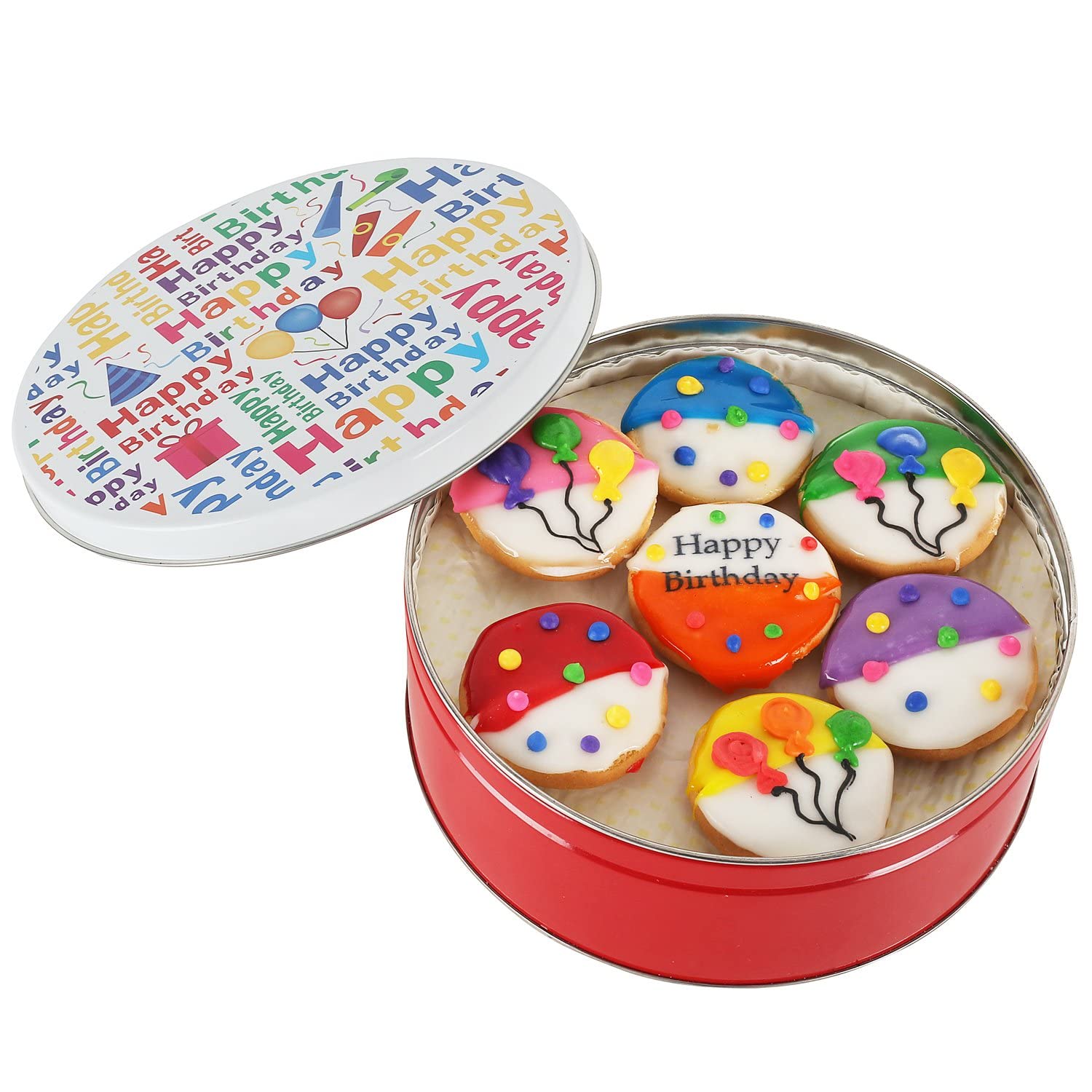 Cesta de regalo de galletas de feliz cumpleaños con 21 piezas decoradas individualmente a mano en varios colores blanco y negro. 7 colores