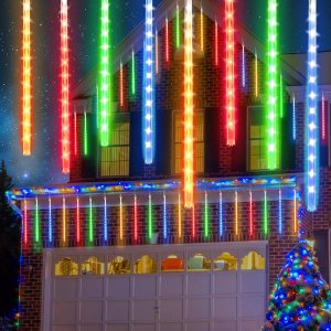 Luces de carámbano multicolor con 20 tubos de lluvia de meteoritos, 480 luces LED de gotas de lluvia con función de temporizador, luces en cascada, Luces de carámbano multicolor con 20 tubos de lluvia de meteoritos, 480 luces LED de gotas de lluvia con función de temporizador, luces en cascada,