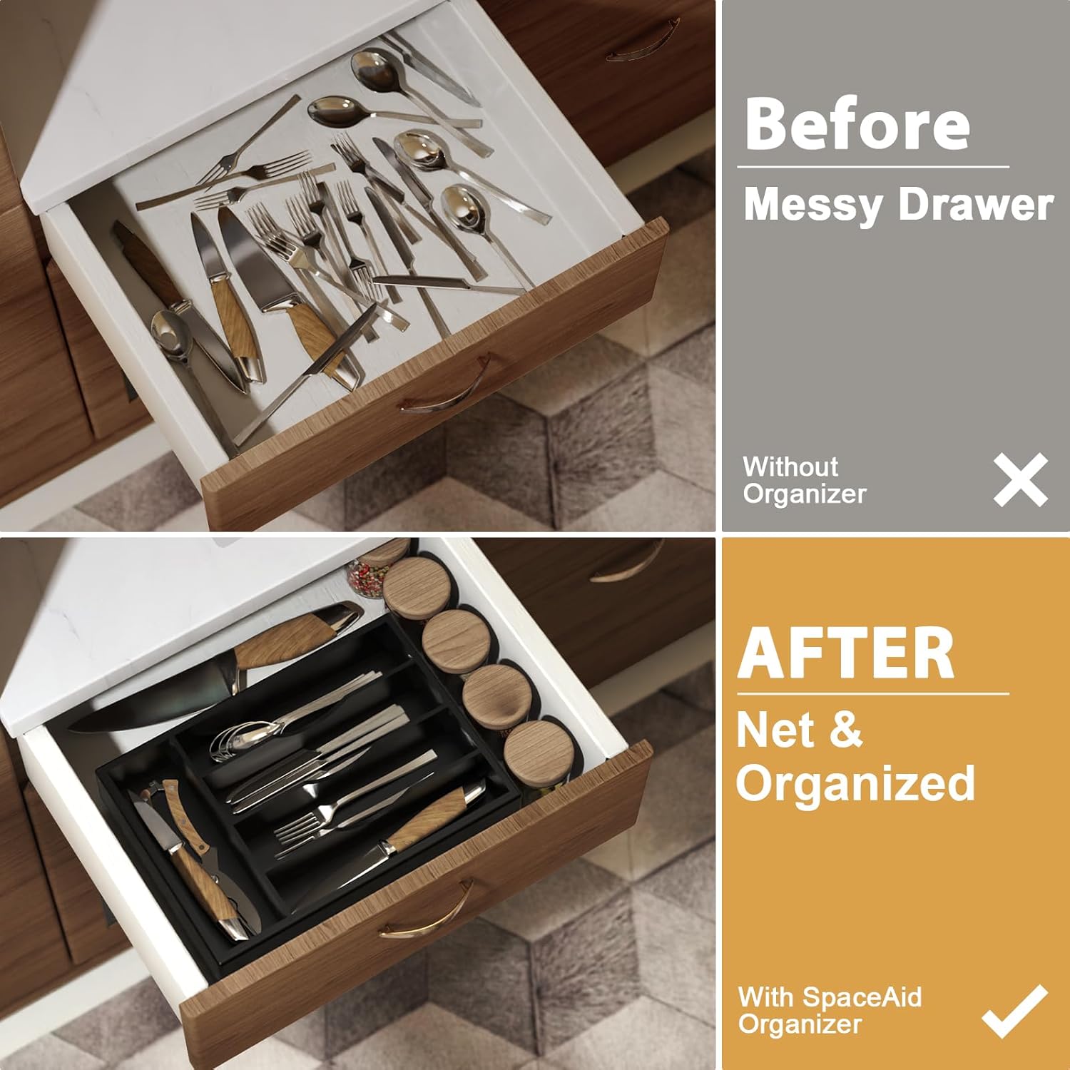 Organizador de cajones de cocina, soporte para bandeja de utensilios de cubiertos de 10 pulgadas, extra profundo, con pies antideslizantes y divisor