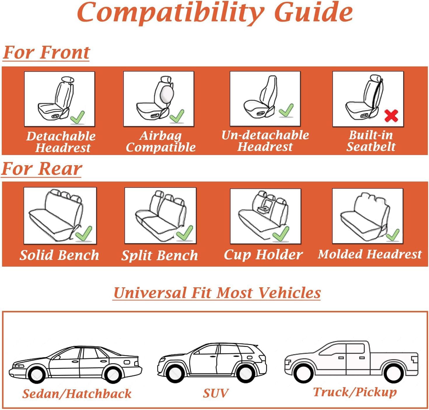 Coverado Juego completo de fundas de asiento de automóvil, fundas de asiento de cubo para 5 asientos, fundas de asiento de cuero de napa para