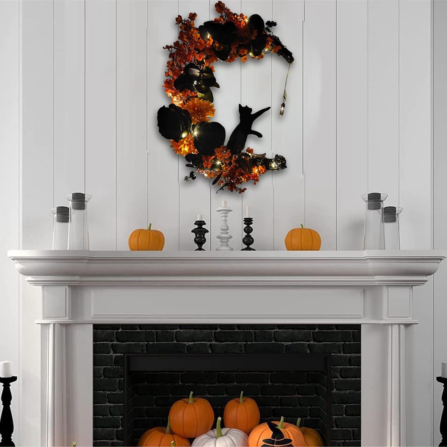 Corona de Halloween, luna y gato con rosa, guirnalda de corona de Halloween negra para puerta delantera, ventana, decoración de pared, bonita corona