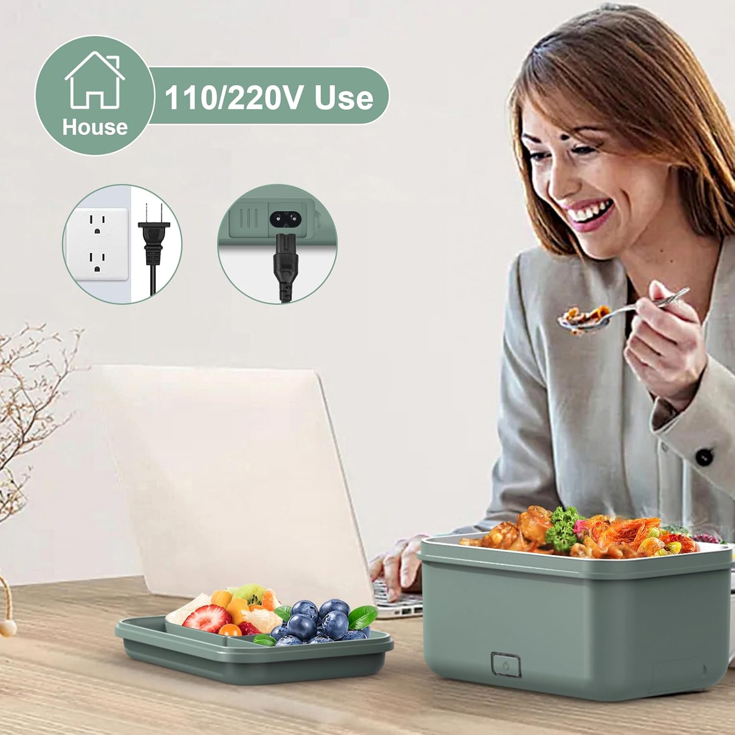 Fiambrera eléctrica de 100 W, 4 en 1 para adultos, lonchera térmica portátil para el trabajocochecamión, con cuchara tenedor y recipiente de acero