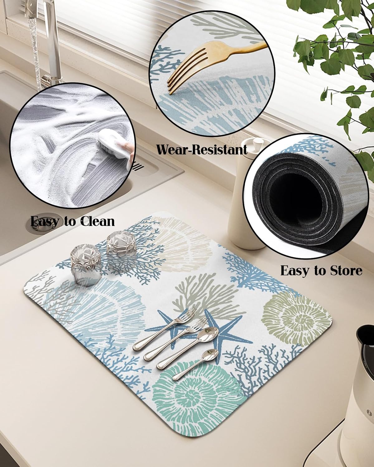 Hokiten Tapete de secado de platos costero para encimera de cocina, tapete absorbente de café y escurridor de platos, tapete de secado rápido con