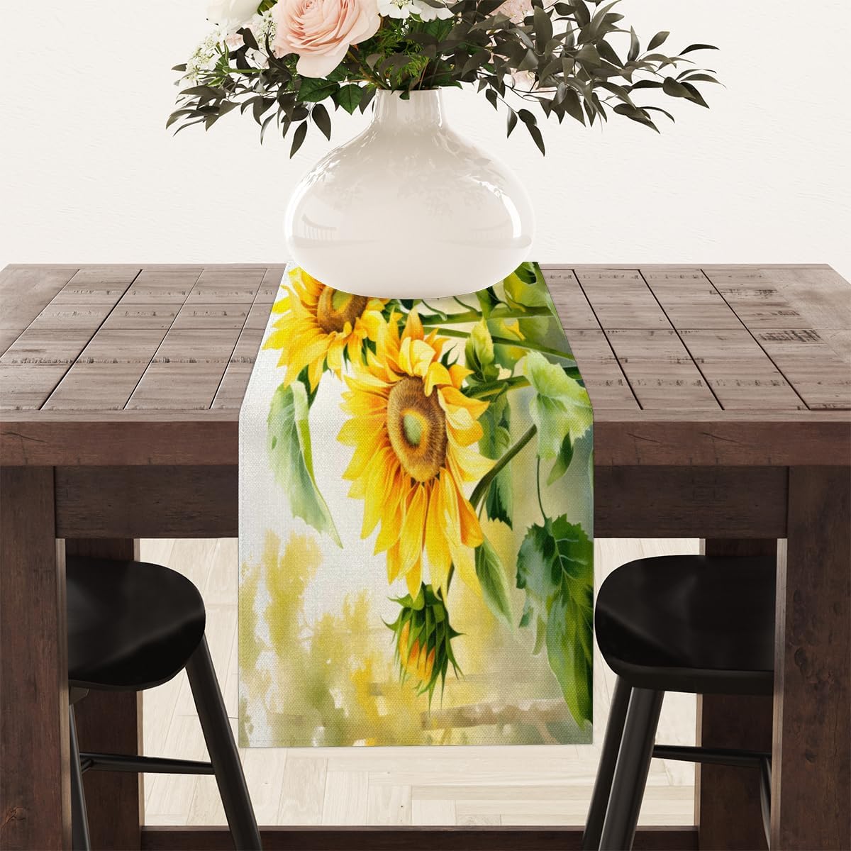 Table Runner Sunny Sunflower, Autumn Rustic Linen Table Cloth Kitchen Dining Table Decor for Home Party 13 x 72 Inches