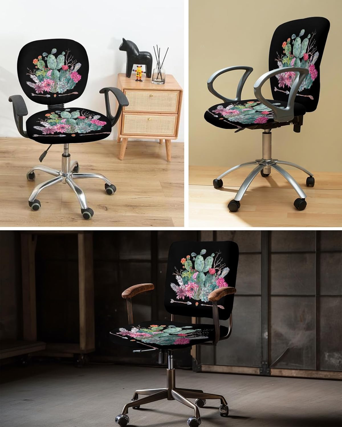 Funda para silla de oficina, diseño de flechas de cactus tropical, color negro, funda protectora y elástica para silla de escritorio, silla de
