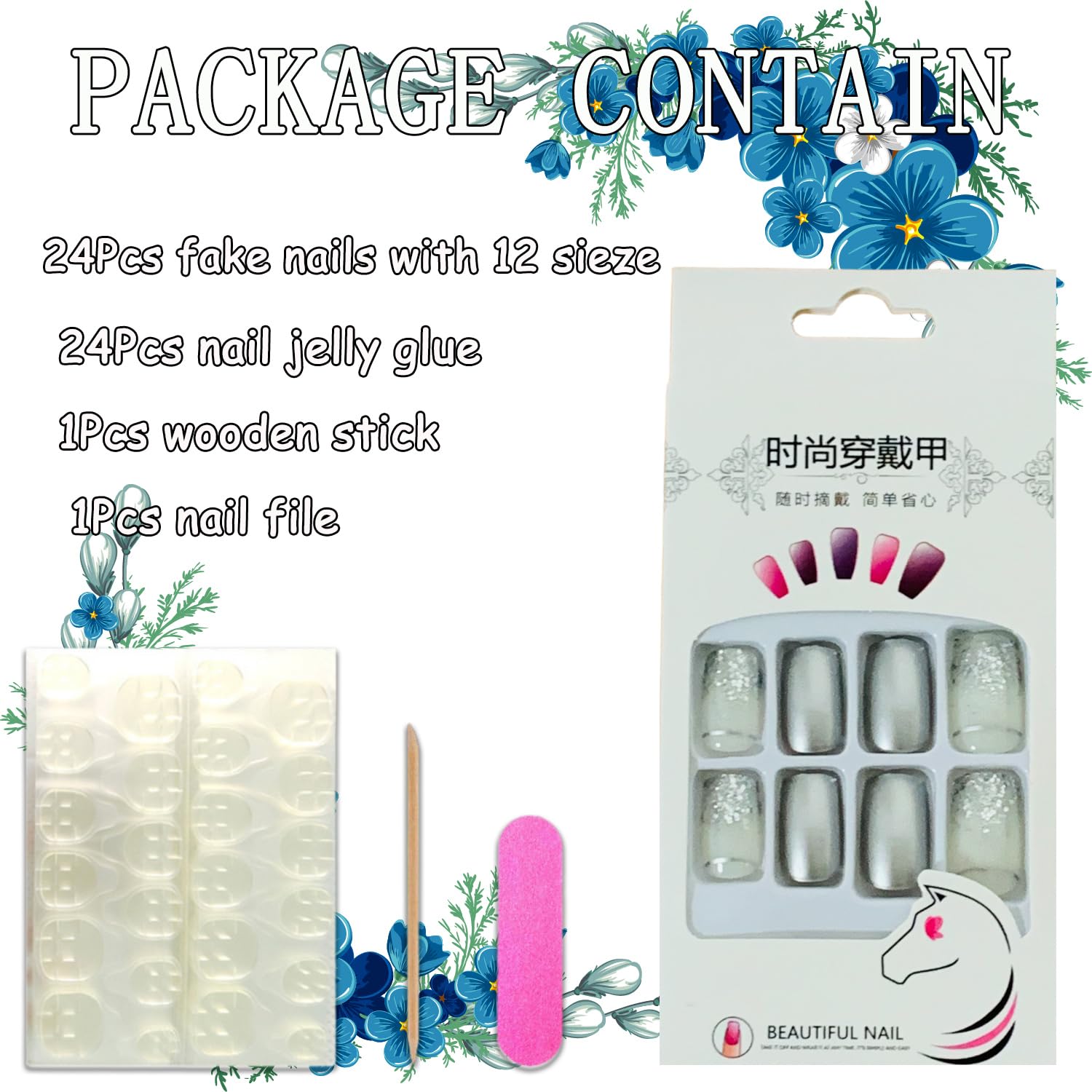 24 uñas postizas cuadradas de color plateado brillante, de cobertura completa, con diseños de purpurina plateada, uñas postizas acrílicas con