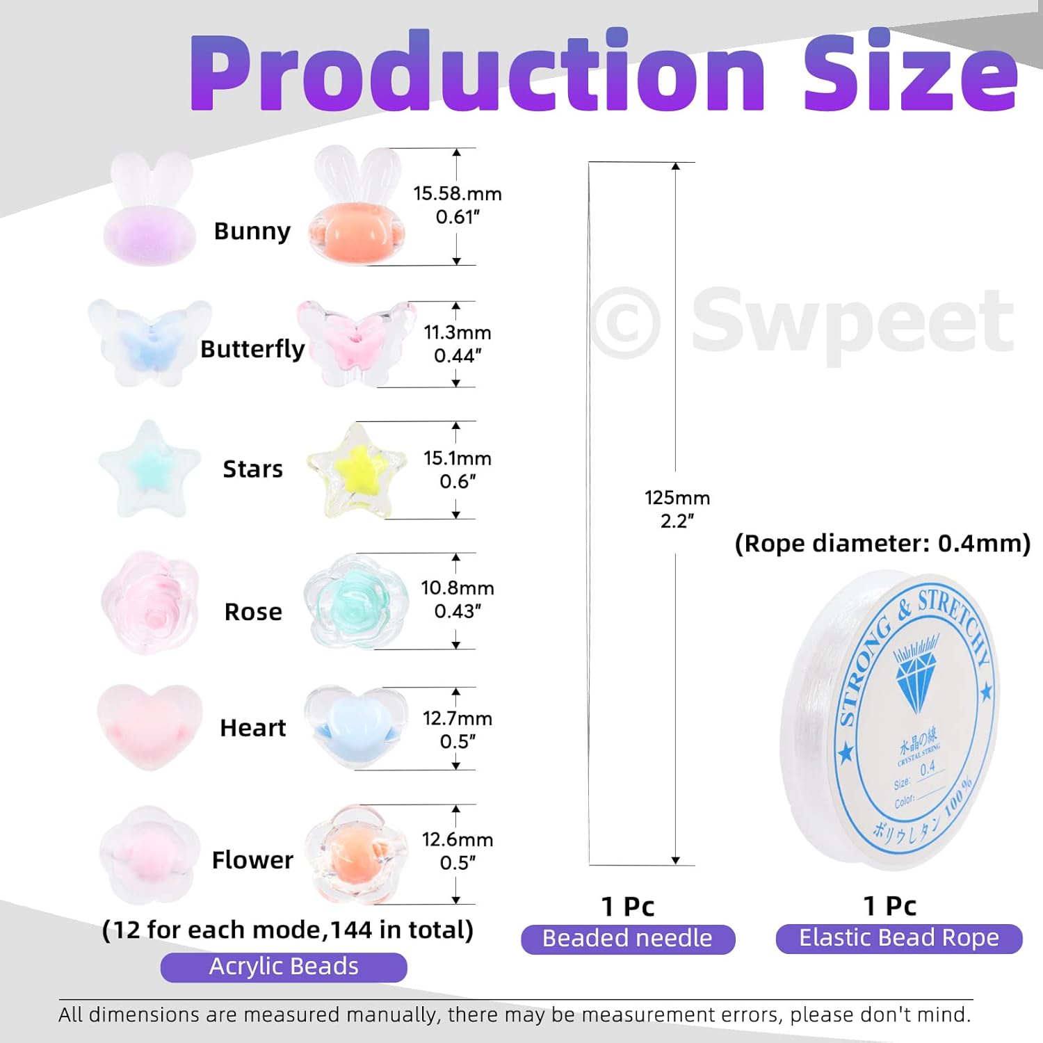 Swpeet Juego de 147 cuentas acrílicas transparentes y glaseadas de colores macarrones, 12 estilos y agujas de cuentas con cordón elástico, juego