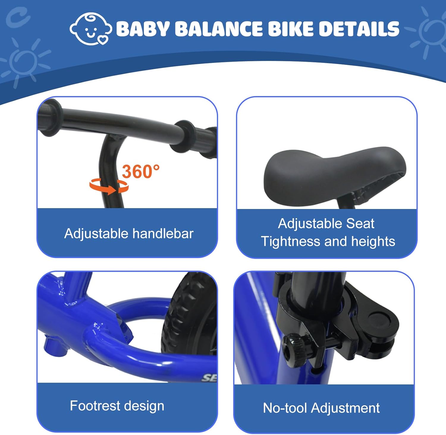 Sejoy Bicicleta de equilibrio para bebés de 1 año, bicicleta de equilibrio ajustable para niños de 10 a 36 meses, bicicleta de equilibrio para bebés