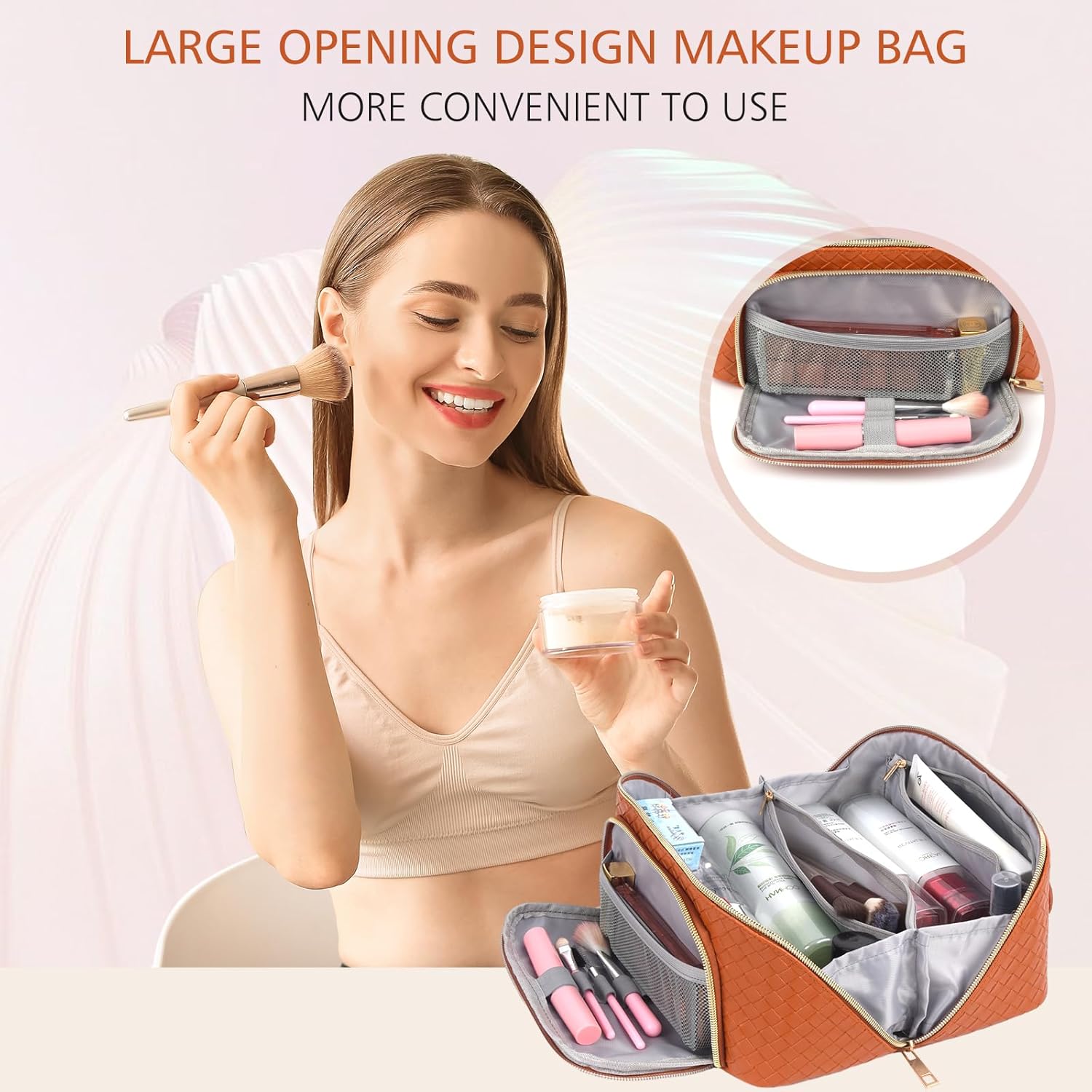 ZAUKNYA Bolsa de cosméticos de viaje de gran capacidad, bolsa de maquillaje para mujer, bolsa de cuero impermeable, portátil, organizador de