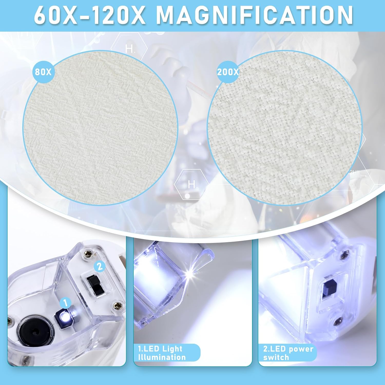 Kanayu Juego de 4 microscopio de bolsillo con luz LED, microscopio de bolsillo portátil, microscopio de mano con bolsa de terciopelo para niños,