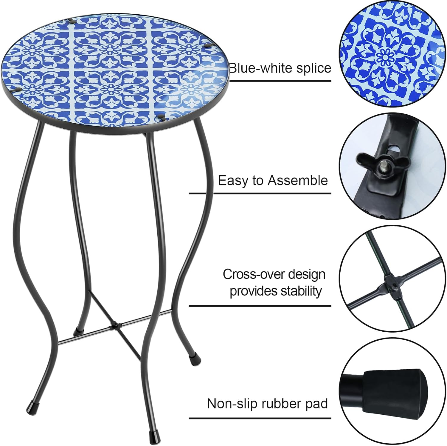 Paytonture Mesa auxiliar de patio, mesa de mosaico al aire libre, mesa auxiliar de plantas, porche pequeño, mesa azul y blanca para interiores,