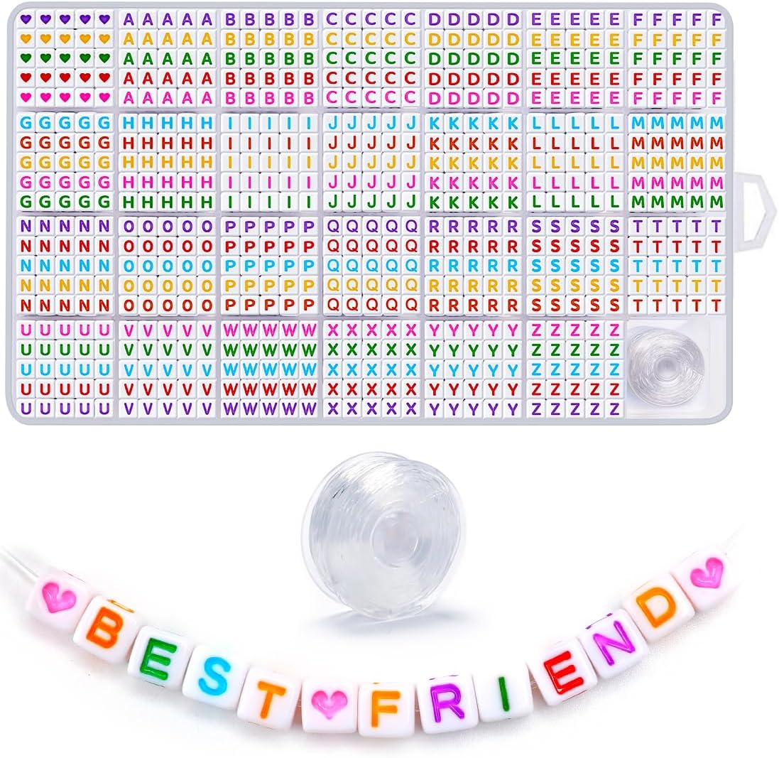 Iooleem Cuentas de letras, 1215 cuentas cuadradas del alfabeto de 6 x 6 pulgadas, cuentas para hacer joyas, cuentas para hacer pulseras (blanco y