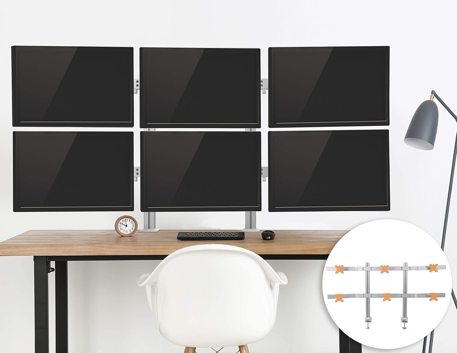 Stand Steady Configuración de escritorio para 6 monitores, soporte de monitor ajustable en altura resistente, brazo giratorio con base de