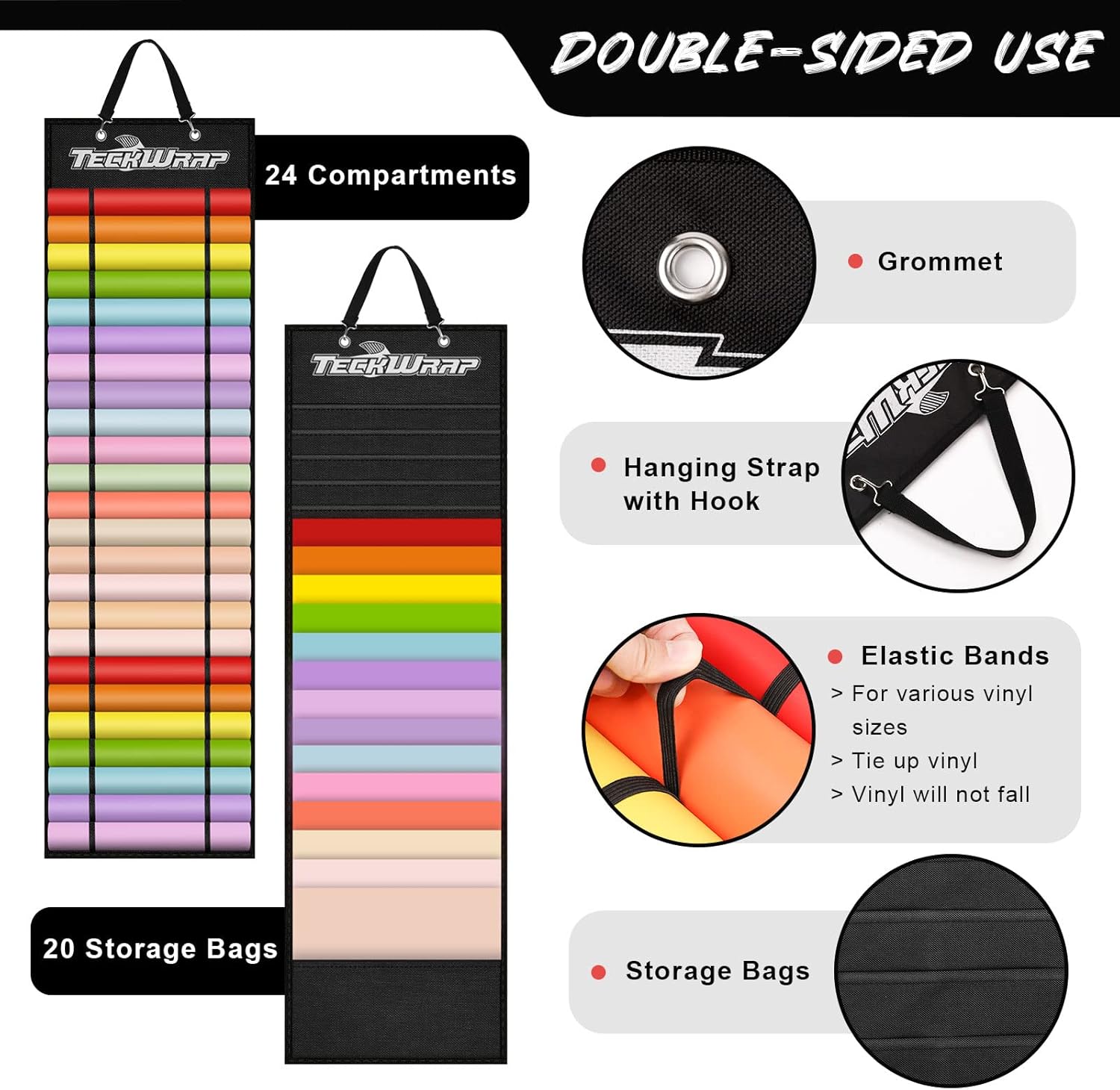 TECKWRAP Soporte de rollo de vinilo, organizador de almacenamiento de rollos de vinilo, negro de doble cara para montaje en pared con 44