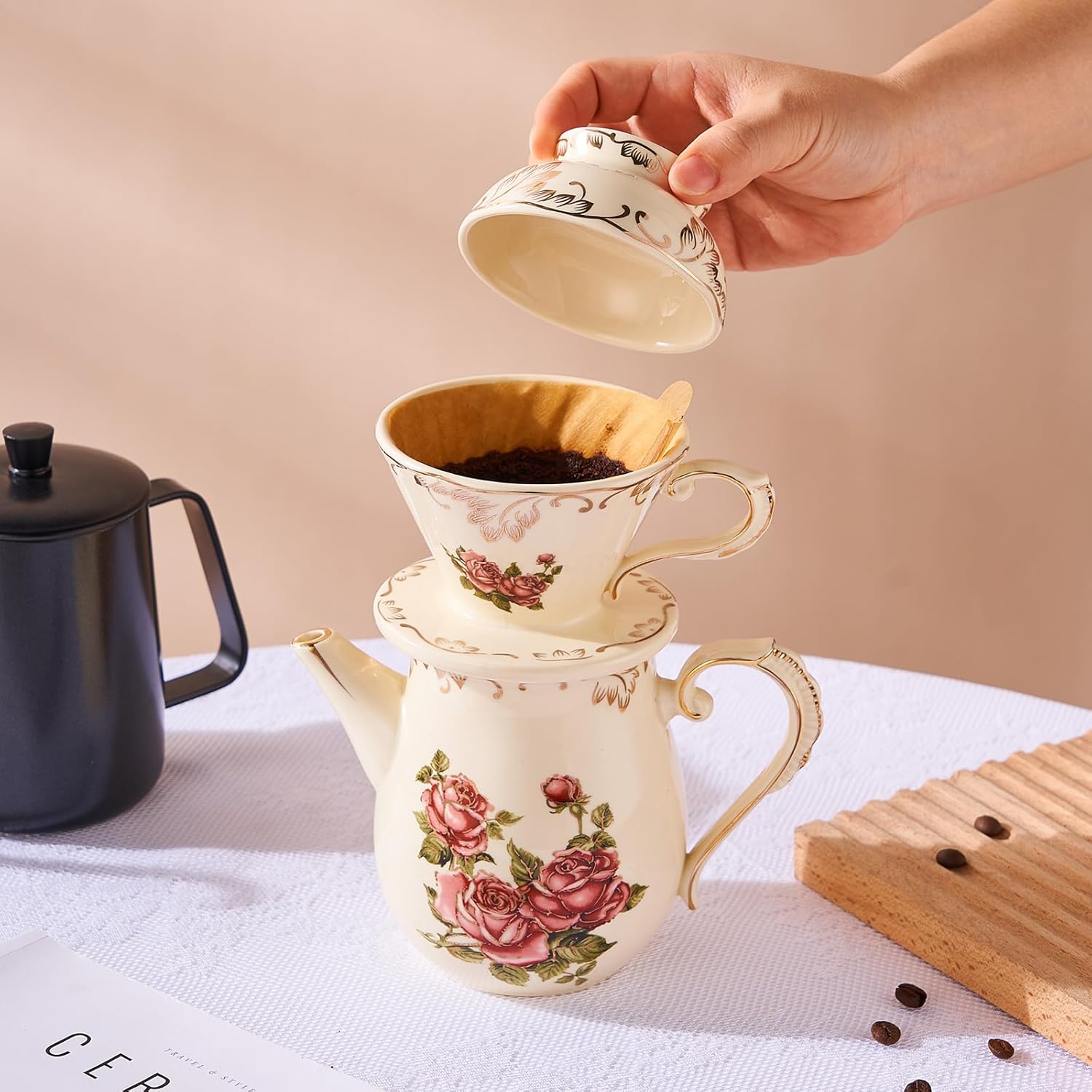 YOLIFE Floarl – Juego de gotero de café, cafetera de cerámica con diseño de cono, 1 taza, regalo para mujeres (rosa)