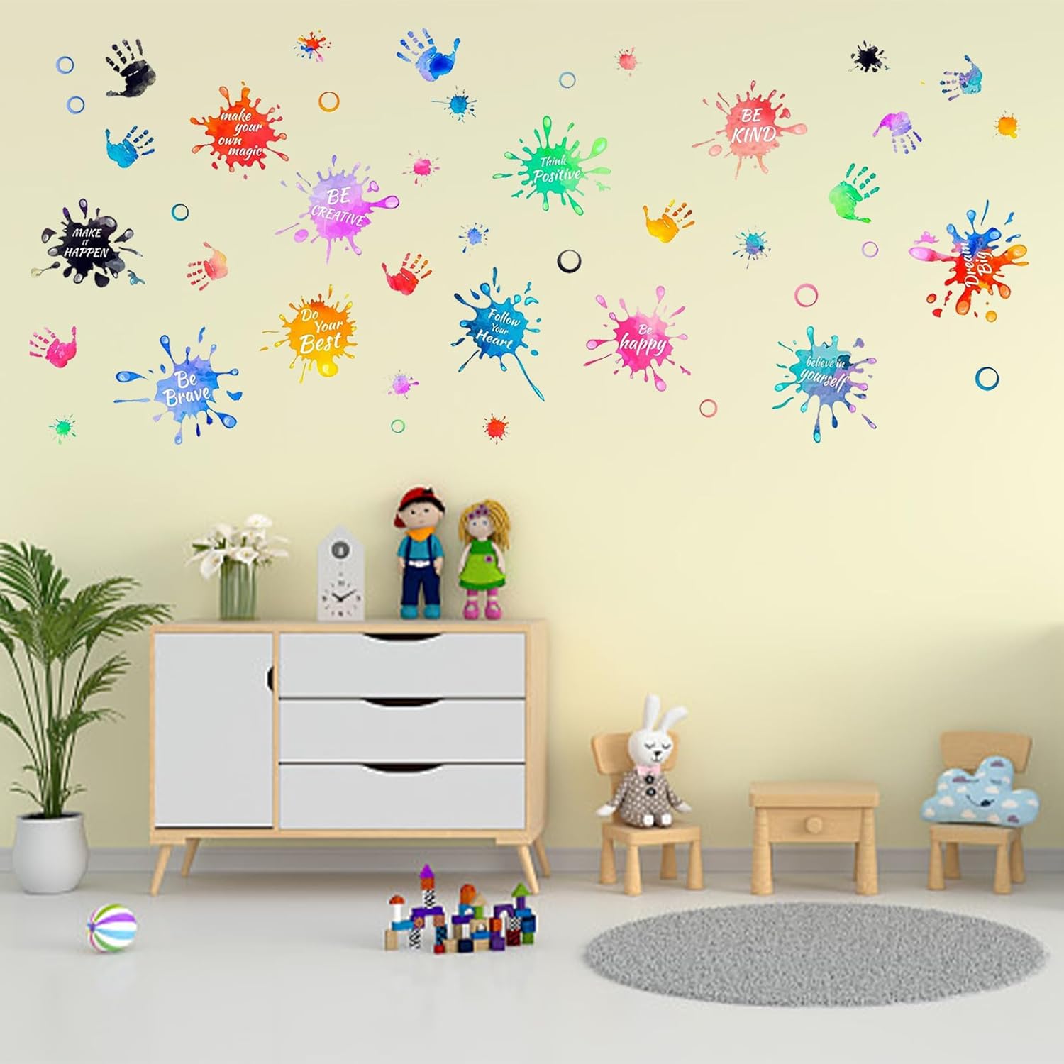 3 hojas coloridas de huellas de manos salpicadas de pintura, citas inspiradoras, calcomanías de pared extraíbles de vinilo para despegar y pegar,