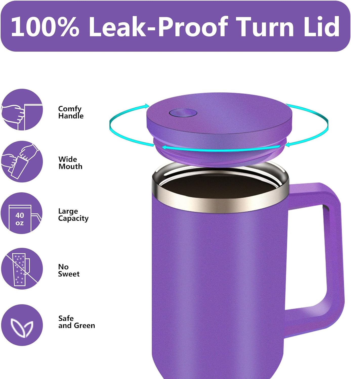Vaso de 40 onzas con asa y tapa con popote, taza de café aislada de acero inoxidable, tapa a prueba de fugas y popote para portavasos de automóvil