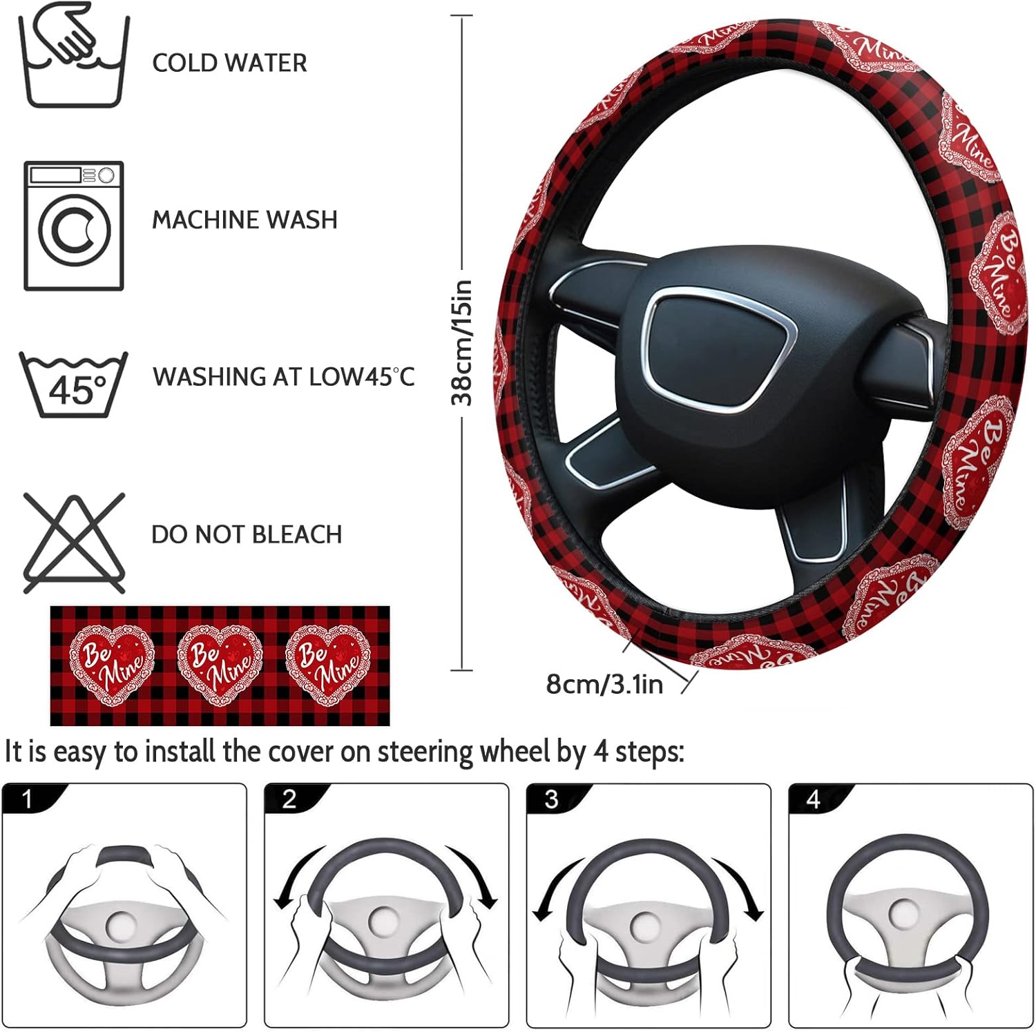 Car Steering Wheel Cover, Heart Shape Black Red Buffalo Plaid Love Elastic Stretch Sponge Steering Wheels Protective Cover for Vehicles Trucks SUVs