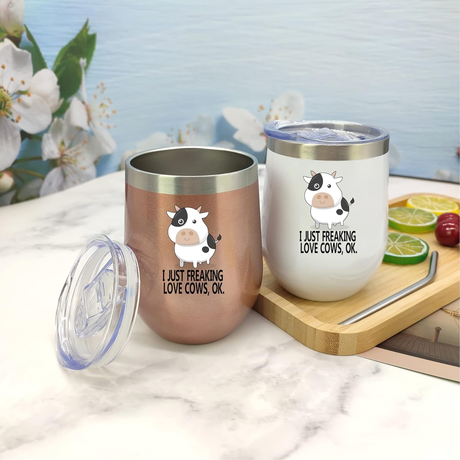 Waldeal Vaso de vino de vacas con tapa y pajita, taza de vino nsulada de acero inoxidable, 12 onzas para café, champaña, cóctel, cerveza, helado