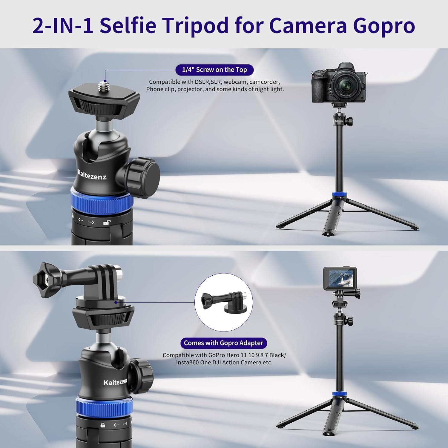 Kaitezenz Trípode selfie stick para cámara GoPro, soporte de trípode extensible de 62 pulgadas con cabeza de bola de 360 tornillo de 14 pulgadas,