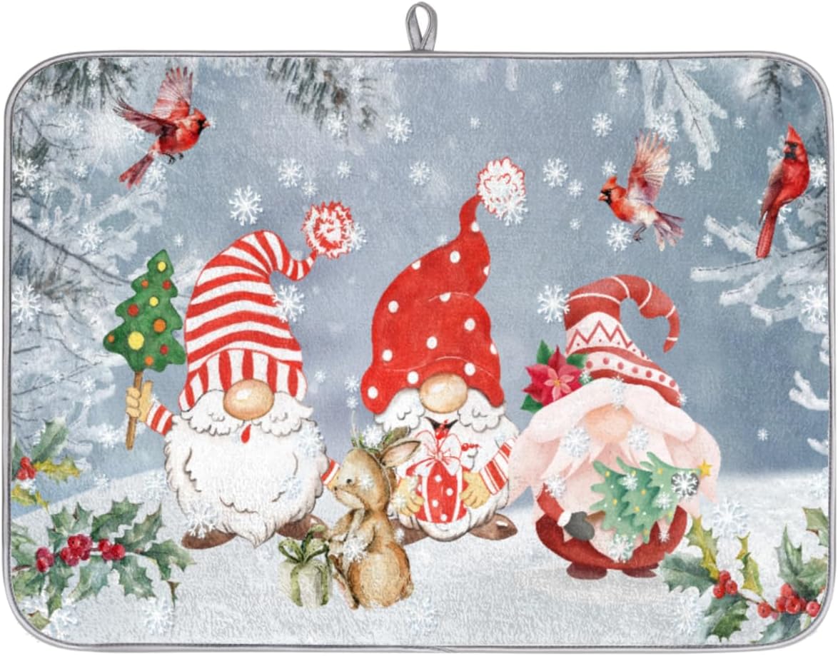 Tapete de secado de platos de Navidad, gnomos de invierno, almohadilla de secado de platos para encimera de cocina, tapete escurridor de platos