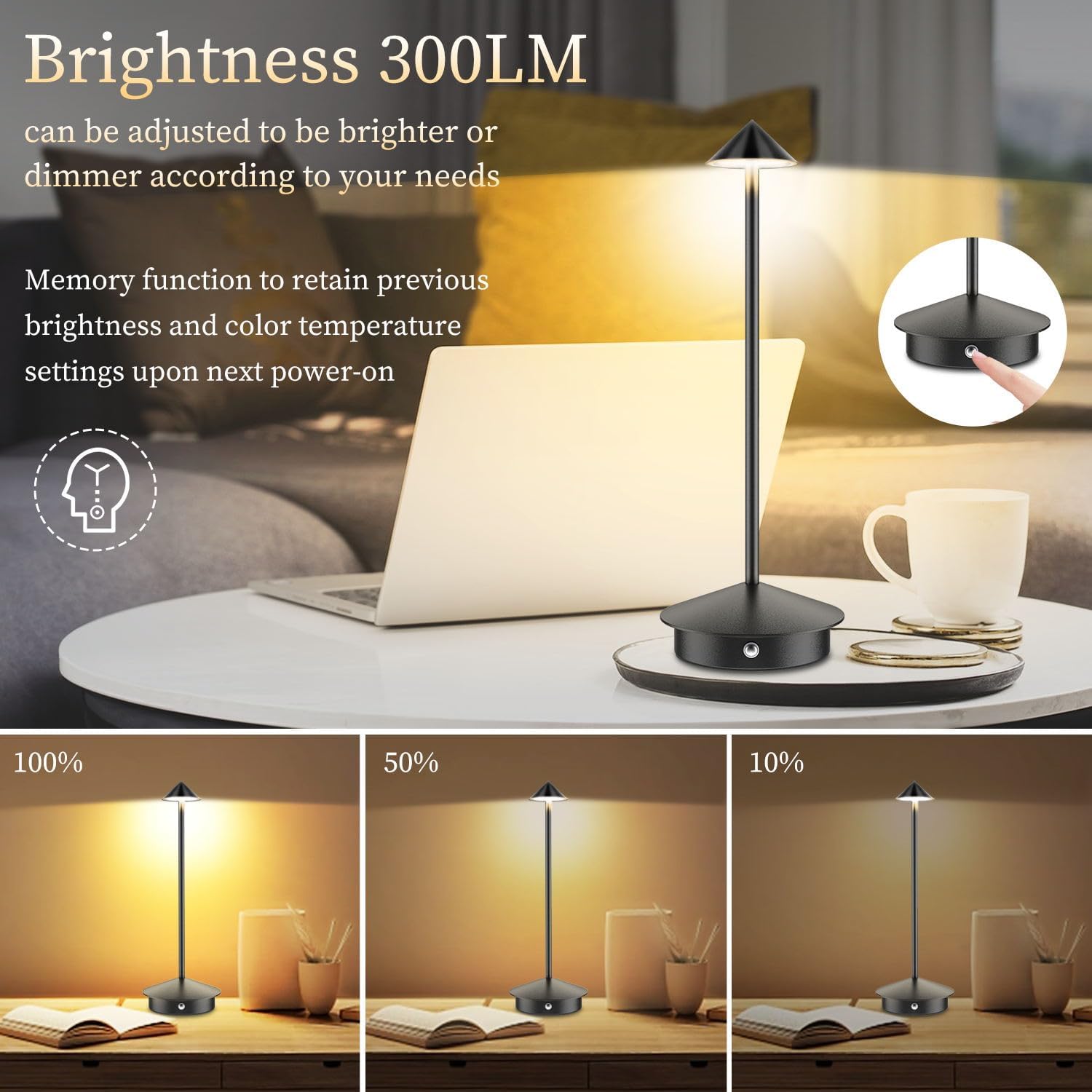 SCOPOW Paquete de 2 lámparas de mesa inalámbricas recargables pequeñas portátiles (6000 mAh), uso en exteriores e interiores, gradiente de 3 colores