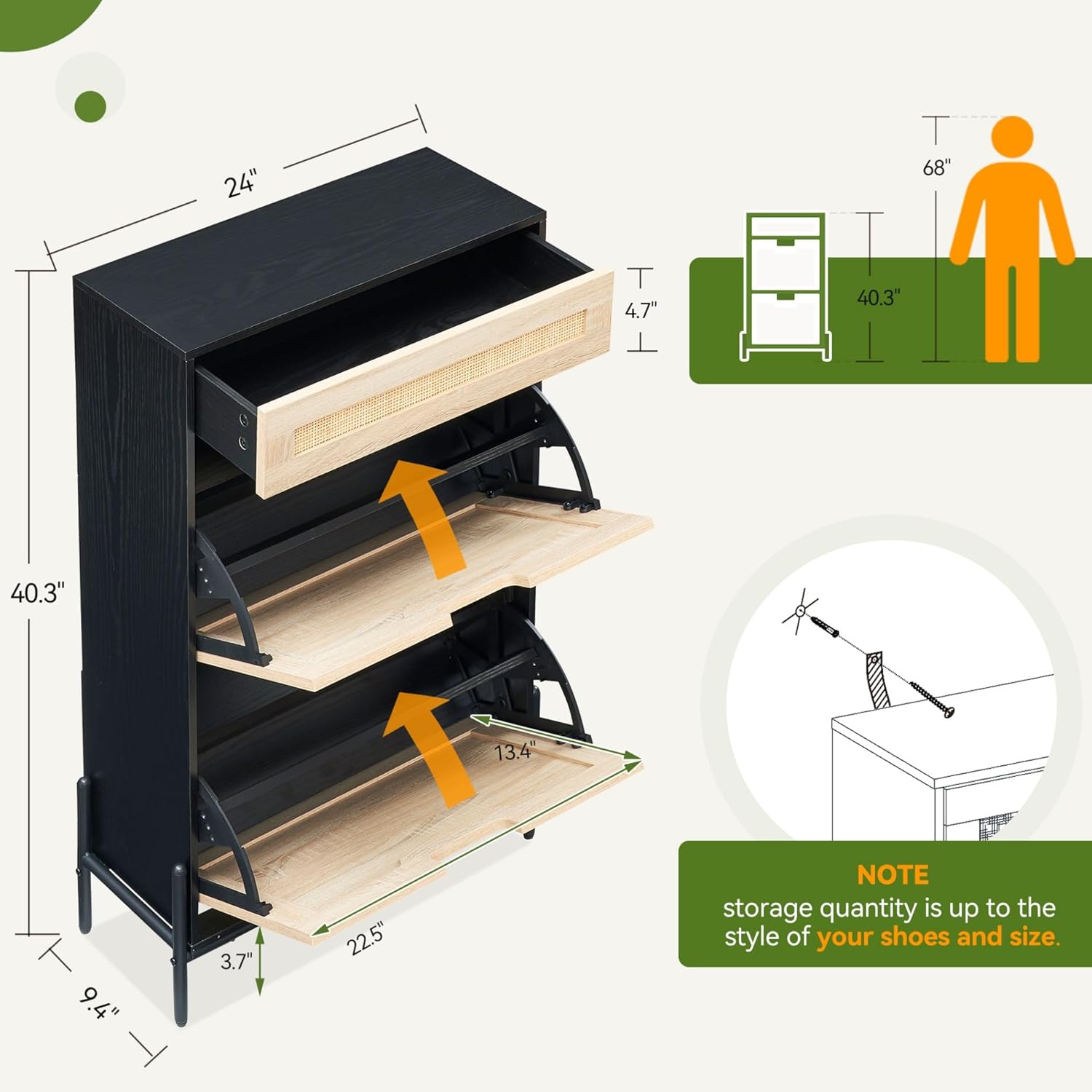 IDEALHOUSE Gabinete de 2 puertas abatibles de ratán natural con 1 cajón, organizador de zapatos independiente, zapatero para entrada con estantes
