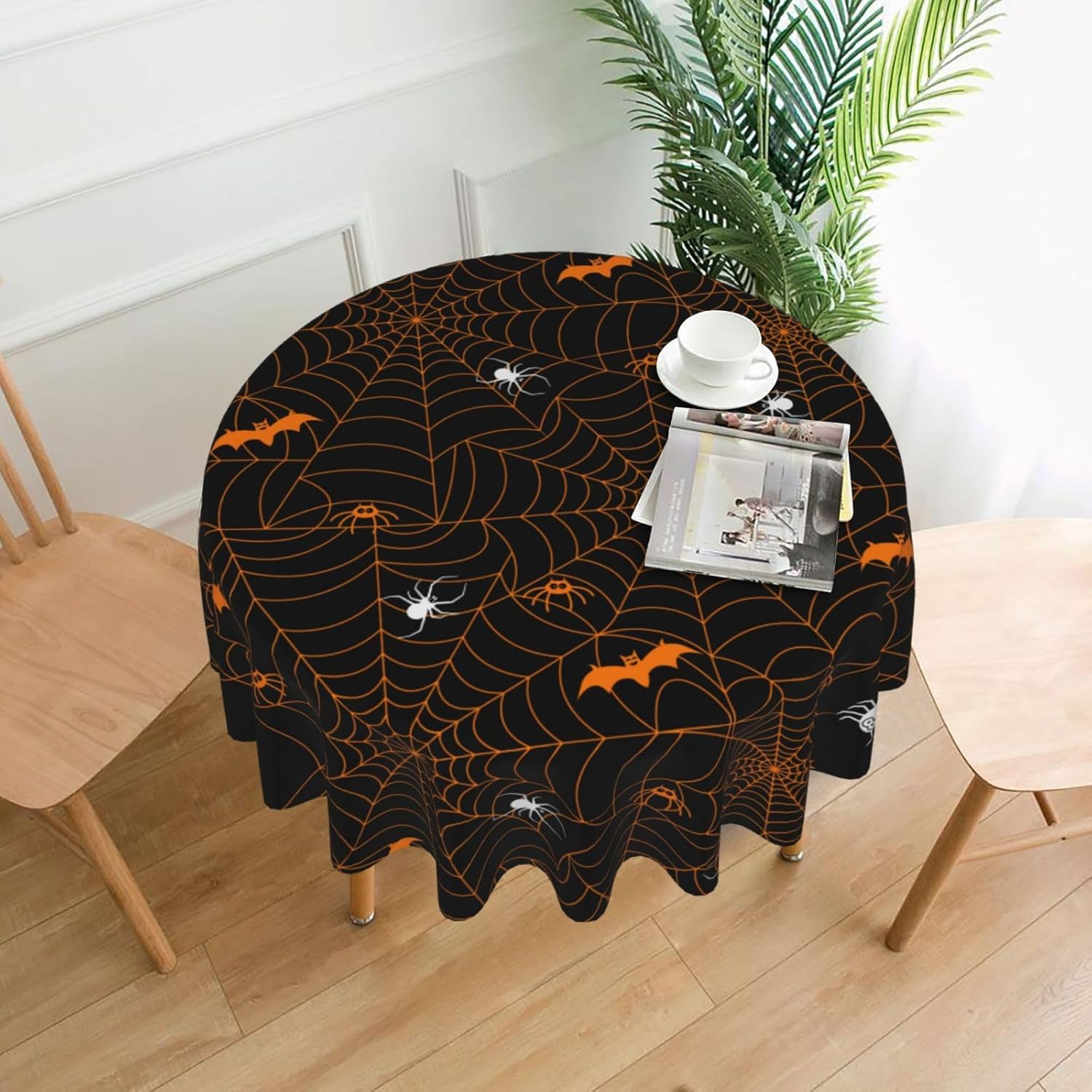 Mantel de Halloween Elements con diseño de murciélago y araña, color negro, lavable, para cocina, comedor, picnic y fiesta