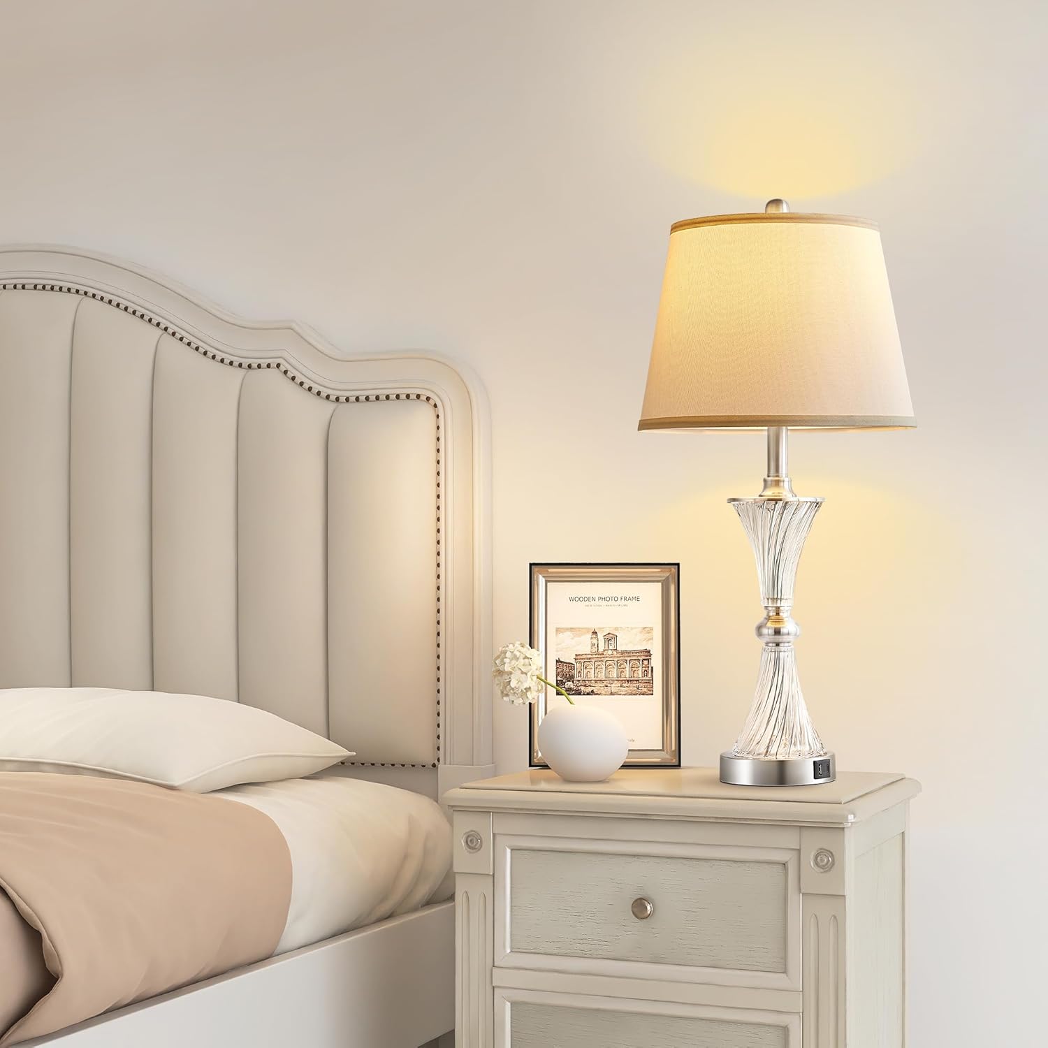 BZZMMB Juego de 2 lámparas de vidrio para dormitorio, lámparas modernas para mesita de noche con puertos USB, lámparas de mesa de 27 pulgadas de