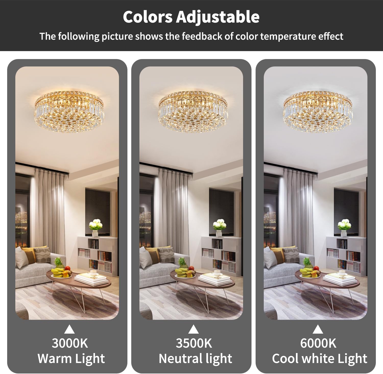 CEENLI Lámpara de araña de cristal dorado con 6 luces de montaje empotrado, lámpara de techo moderna de cristal K9, elegante lámpara colgante para
