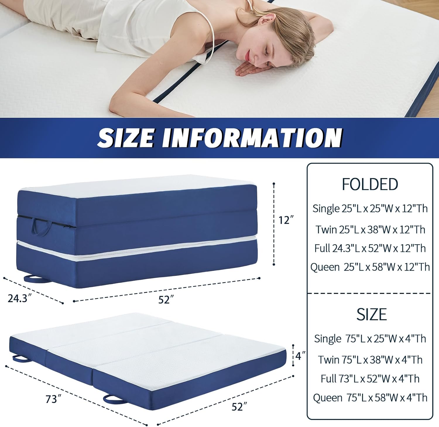 CYMULA Folding Mattress Full Size,4 inch Memory Foam Tri Fold Mattress,Portable Folding Mattress with Washable Cover, Foldable Mattress Topper Full