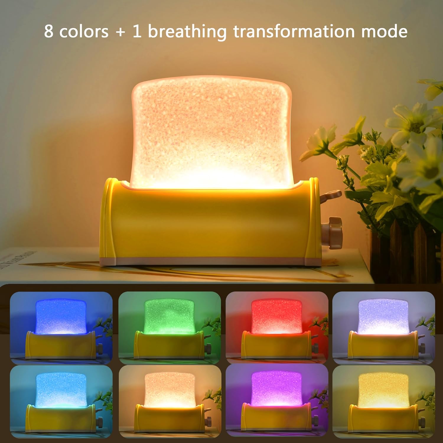 Luz nocturna emulada de pan tostado, luz blanca cálida suave y luz LED de 7 colores, lámpara de noche regulable para niños, batería recargable y