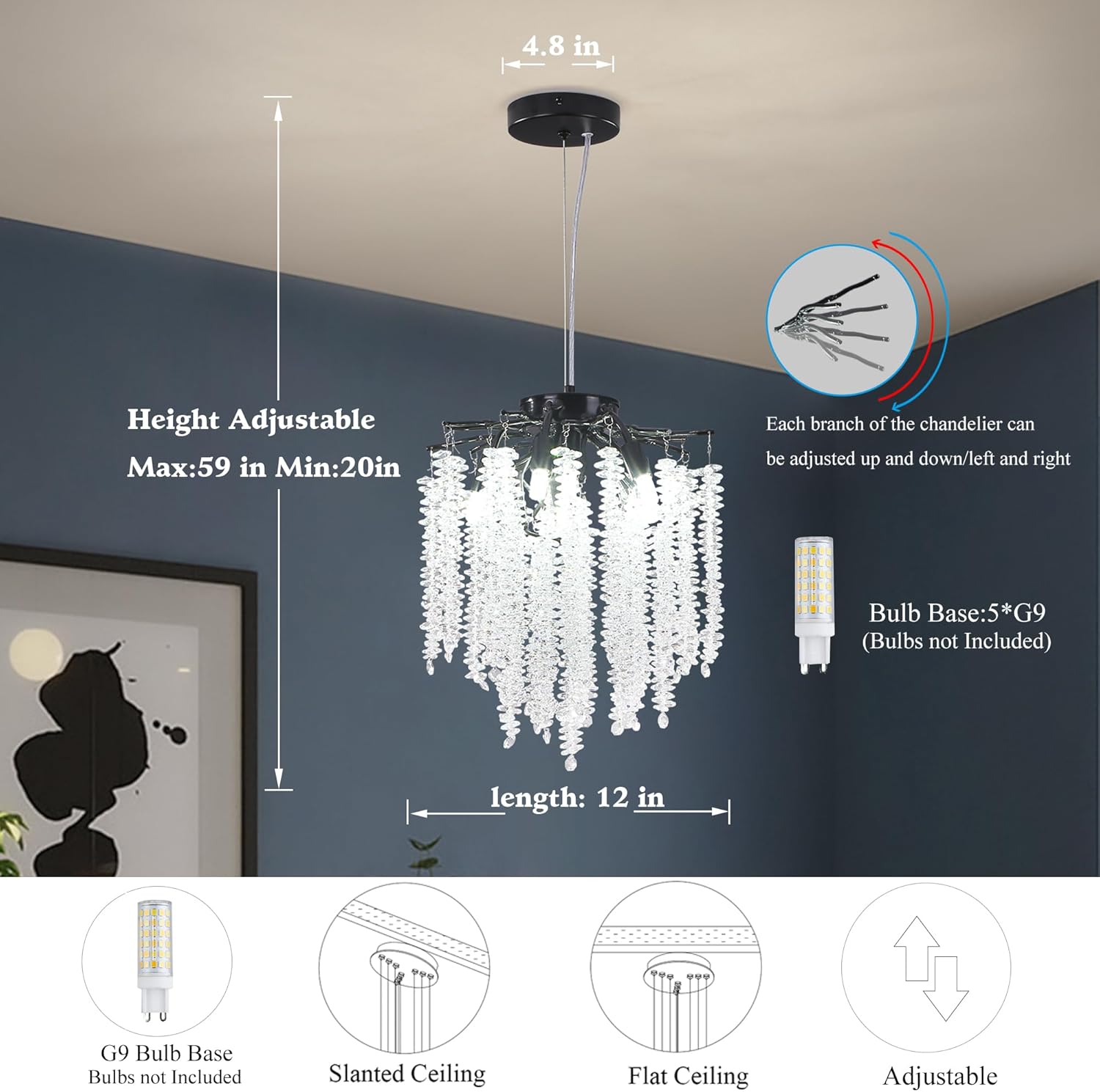 Moderno candelabro de cristal con ramas de árbol de lluvia, lámpara colgante de techo pequeña para dormitorio, sala de estar, comedor, entrada,