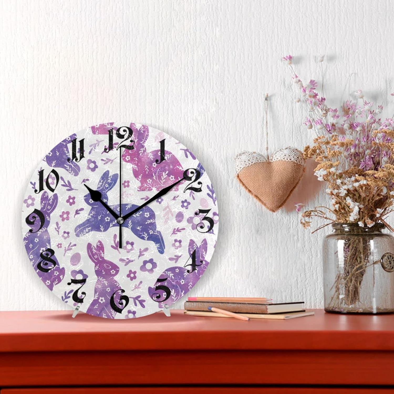 ZOEO Reloj de pared redondo de 10 pulgadas, silencioso, sin tictac, reloj de pared con conejito morado, funciona con pilas, para decoración de sala