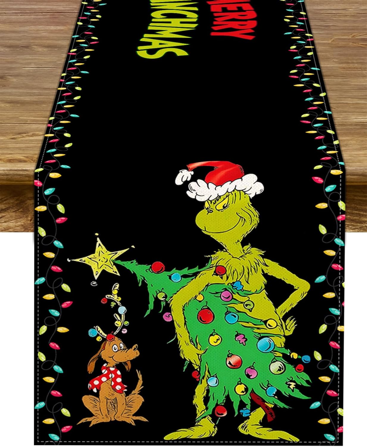 Camino de mesa Grinchmas Merry Christmas Whoville para fiestas de invierno, cocina, chimenea, comedor, decoración del hogar (negro, 13 x 72 pulgadas)