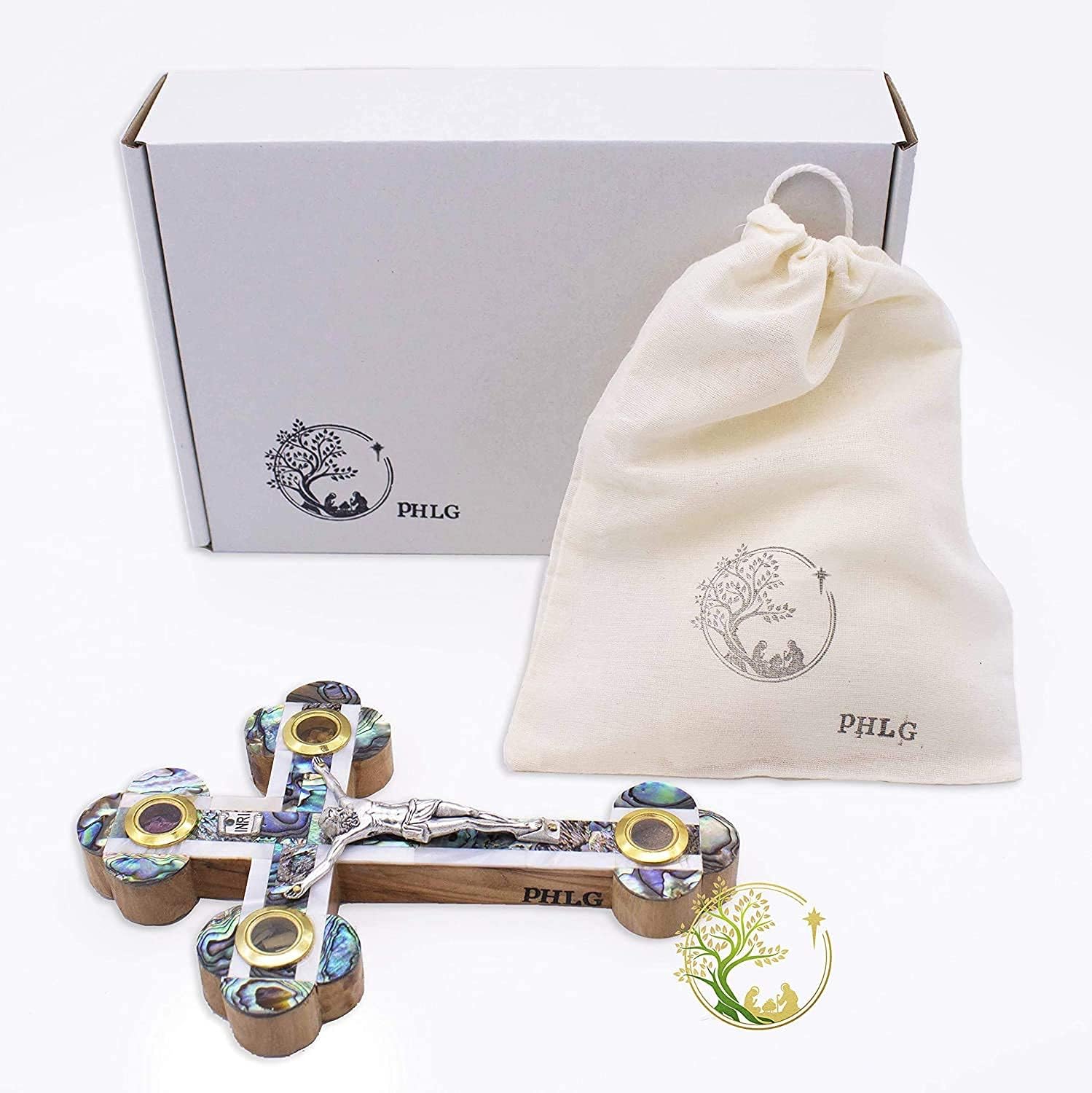 Cruz de madreperla católica de madera de olivo – Crucifijo de pared con reliquias de Tierra Santa