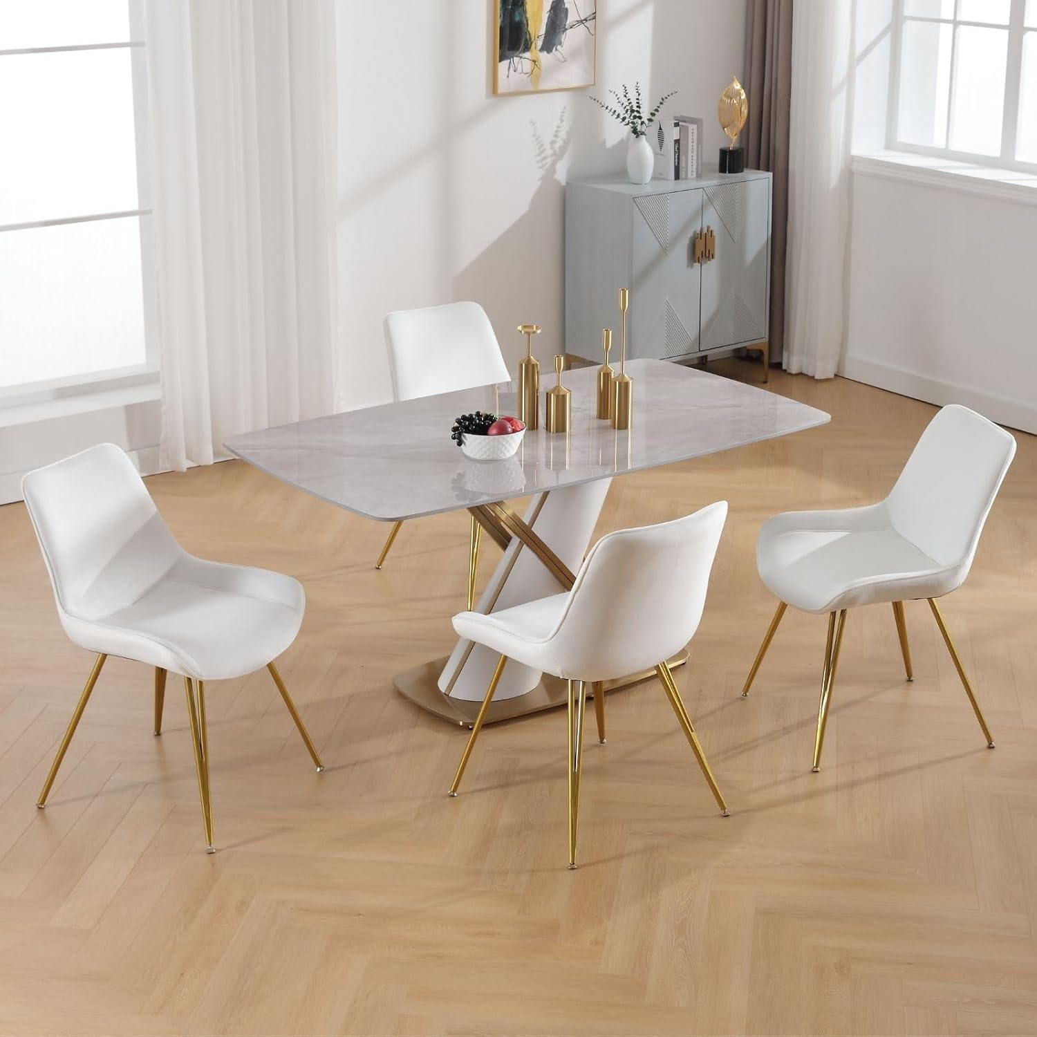 DUOMAY Juego de 2 sillas de comedor modernas, de terciopelo, tapizadas, sin brazos, sillas de sala de espera con patas de metal dorado para cocina,