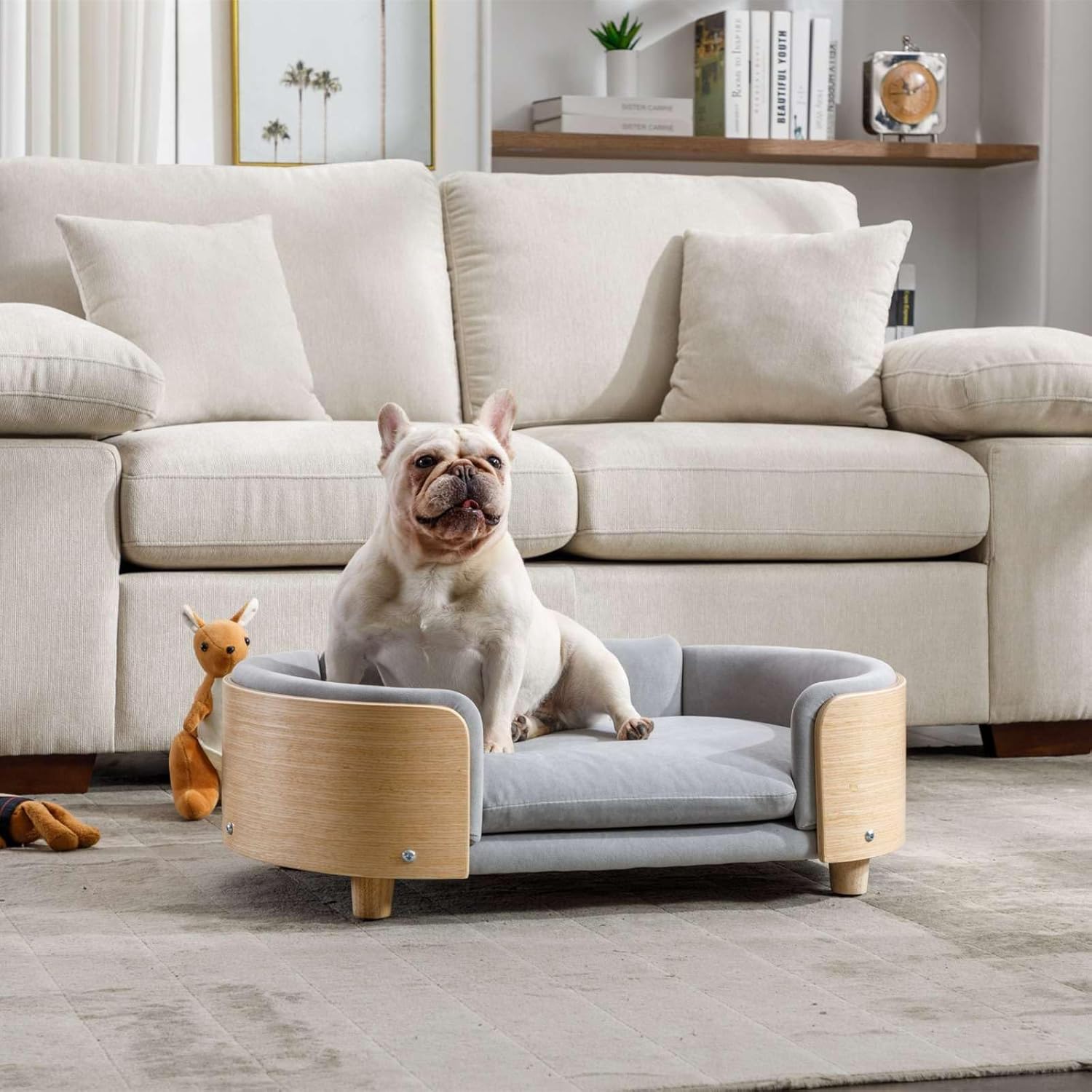 Cama de terciopelo para perro, sofá para mascotas con patas de madera maciza y respaldo de madera doblada, cojín resistente a las manchas en varios