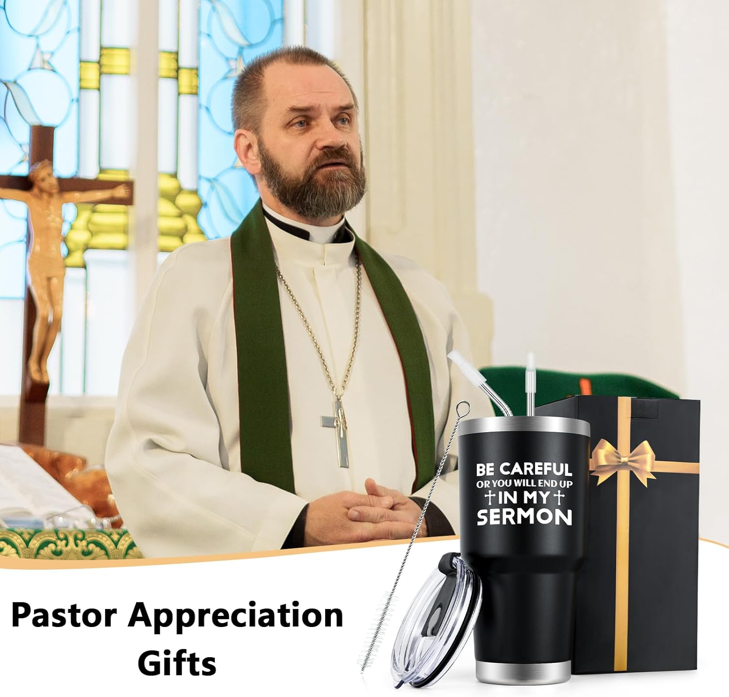 Qtencas Regalos de agradecimiento para pastores, Be Careful or You Will End Up In My Sermon – Vaso de viaje de acero inoxidable, regalos para