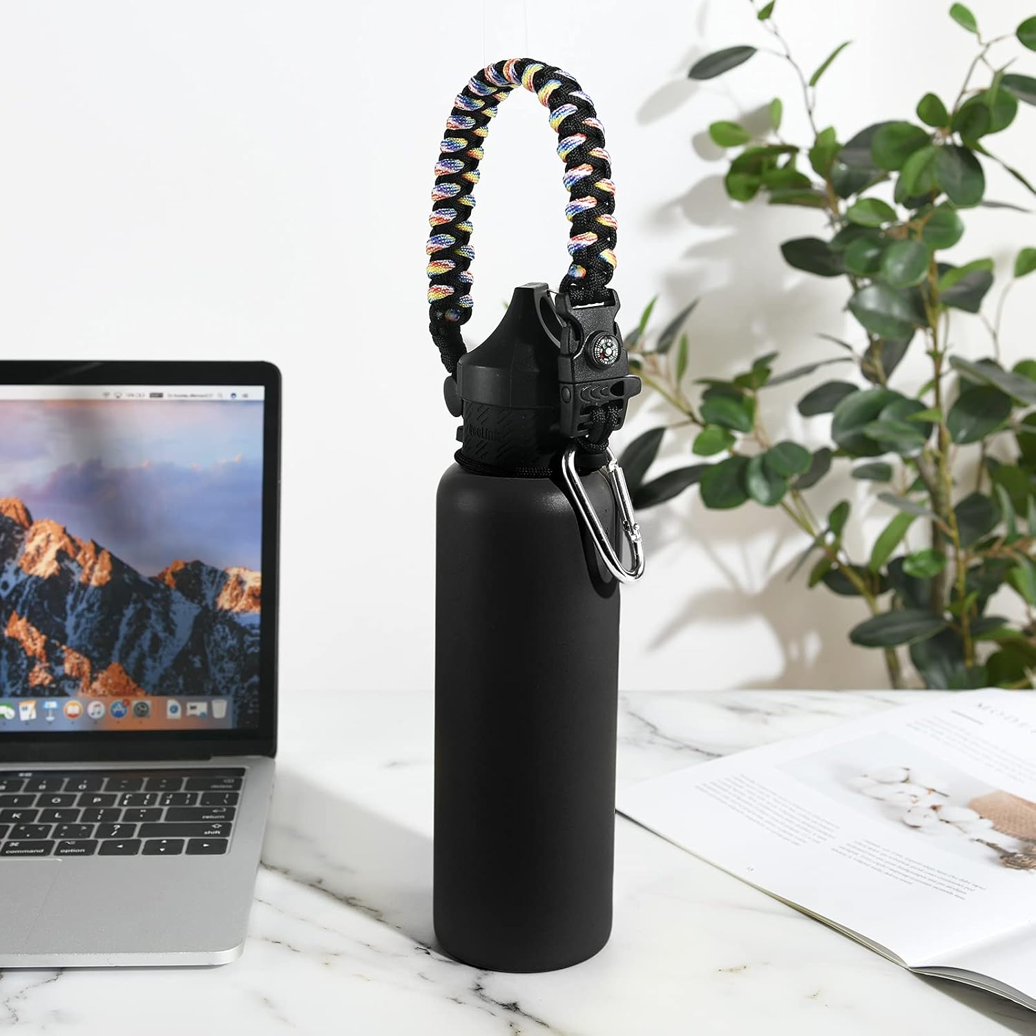 Mango Paracord para botellas de agua Hydro Flask 2.0 de boca ancha y estándar, soporte de correa con anillo de goma de seguridad y mosquetón, fácil