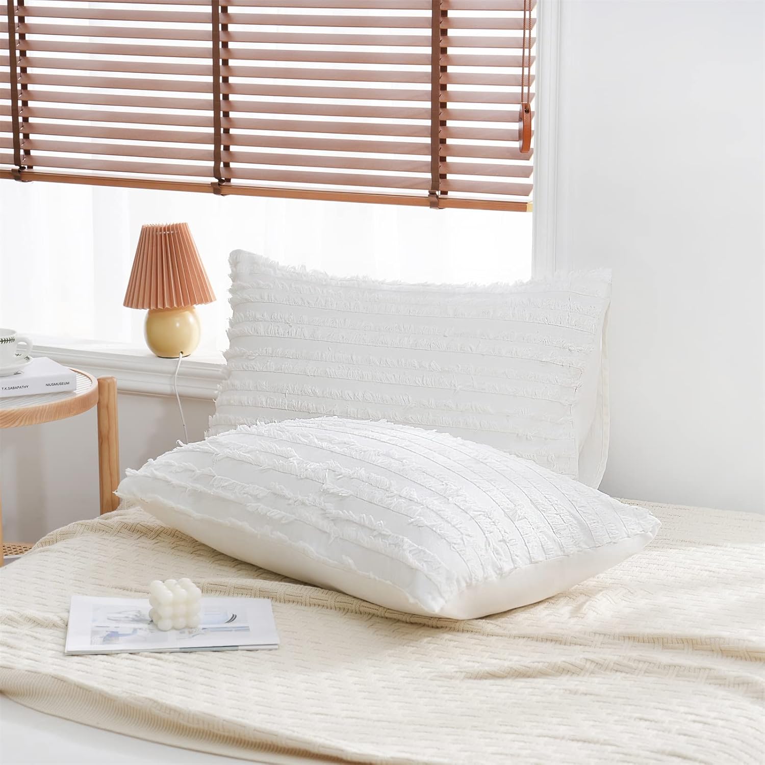 Herside Juego de 2 fundas de almohada de algodón bohemio de lino a rayas jacquard decoración de color blanco suave estándar fundas de almohada 2