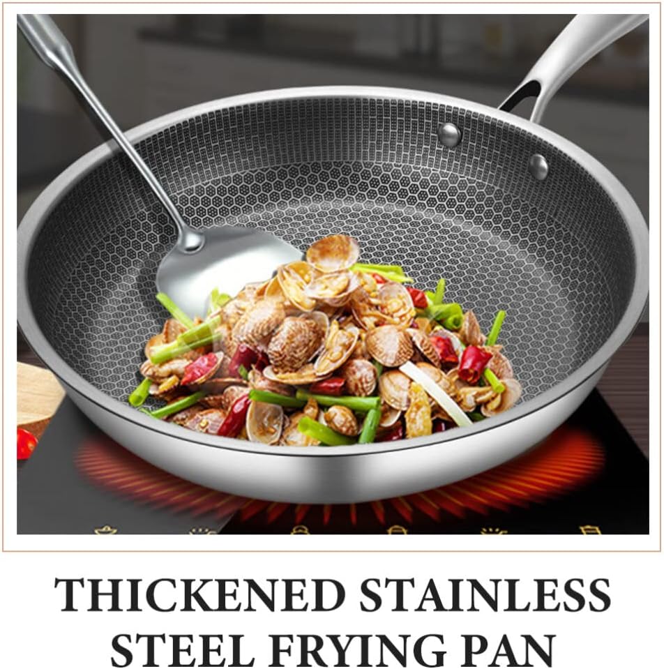 Veemoon Wok Woks de acero inoxidable para estufa de inducción, sartén para wok, sartén china antiadherente con asa, sartén para mariscos, sartén